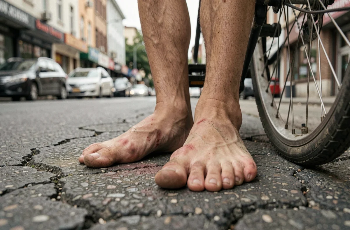 Pieds nus adultes sur asphalte chaud en plein été, rougeurs visibles sur la peau dues à la chaleur du sol