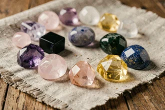 Collection de pierres et cristaux de guérison disposés selon les chakras sur un tissu de lin naturel