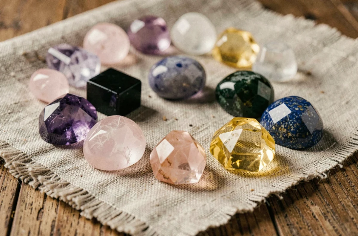 Collection de pierres et cristaux de guérison disposés selon les chakras sur un tissu de lin naturel