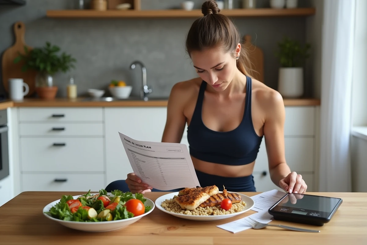 Femme sportive préparant son plan nutritionnel et ses repas pour optimiser une sèche musculaire