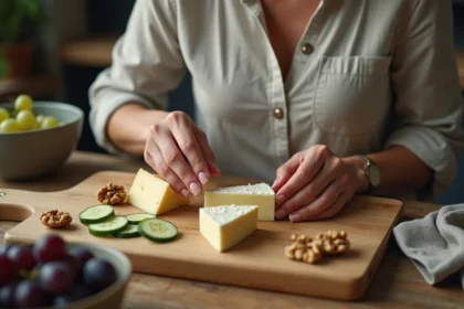 Femme préparant un plateau fromage équilibré adapté au diabétique avec portions contrôlées