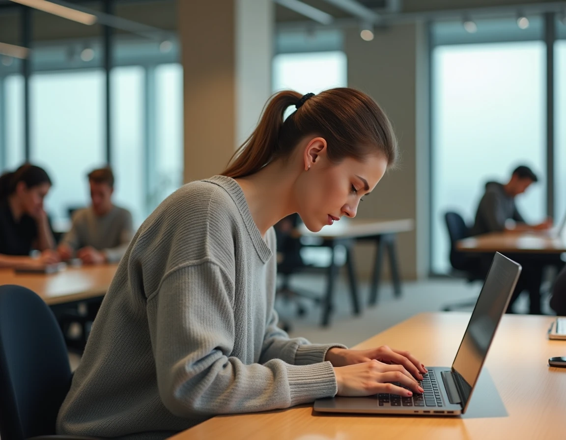 Femme au bureau avec une posture de tête en avant illustrant une rectitude cervicale fonctionnelle liée au travail sur écran