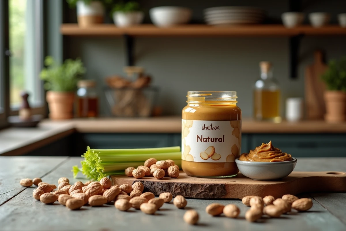 Pot en verre de beurre de cacahuète naturel entouré de cacahuètes grillées et de céleri sur une planche en bois rustique, composition de photographie culinaire artisanale