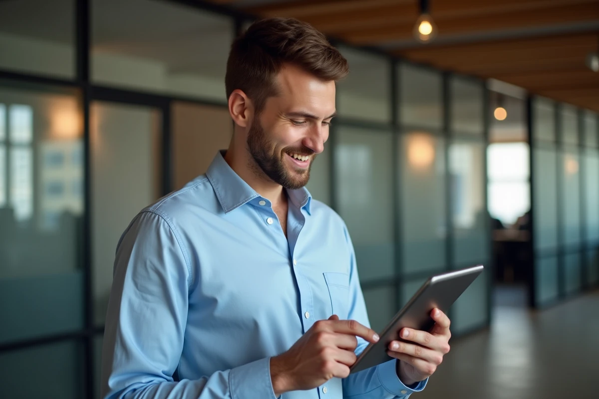Jeune praticien utilisant une tablette dans un espace de coworking