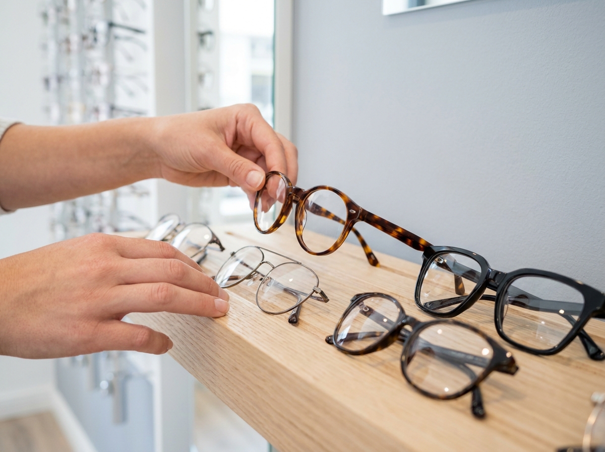Présentoir de montures de lunettes variées dans un opticien moderne, avec main féminine sélectionnant une paire