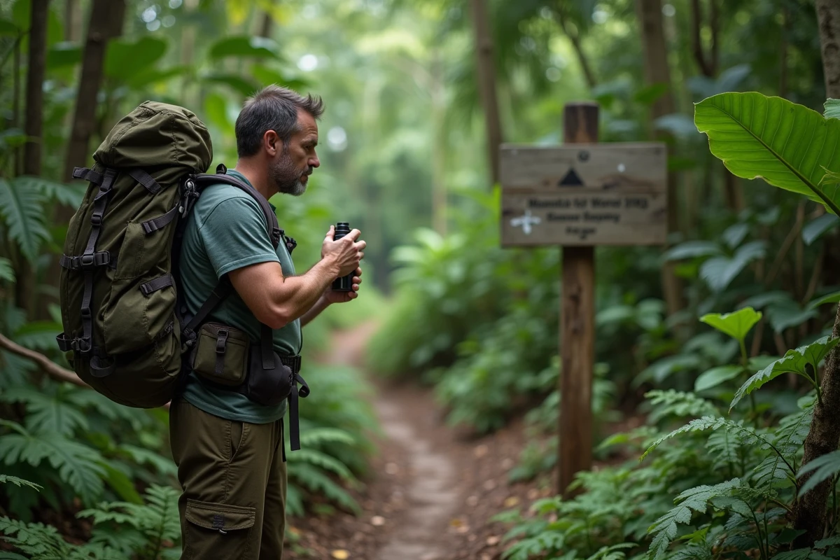 Voyageur appliquant un répulsif anti-moustiques avant de s'engager sur un sentier de jungle tropicale