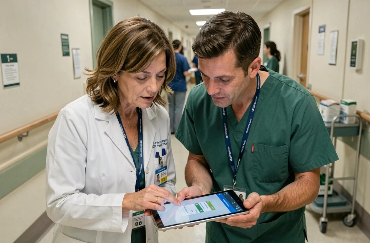 Deux professionnels de santé consultant les paramètres de qualité des soins sur une tablette dans un couloir hospitalier