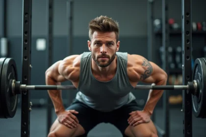 Homme musclé effectuant un squat avec barre dans une salle de musculation moderne pour une séance de sèche