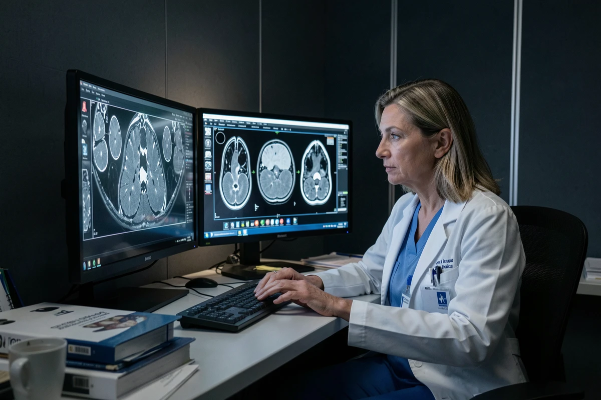 Radiologue analysant des images de scanner abdominal sur des écrans médicaux haute résolution