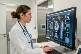 Radiologue féminine examinant des images médicales sur écran haute résolution dans un centre d'imagerie moderne