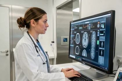 Radiologue féminine examinant des images médicales sur écran haute résolution dans un centre d'imagerie moderne