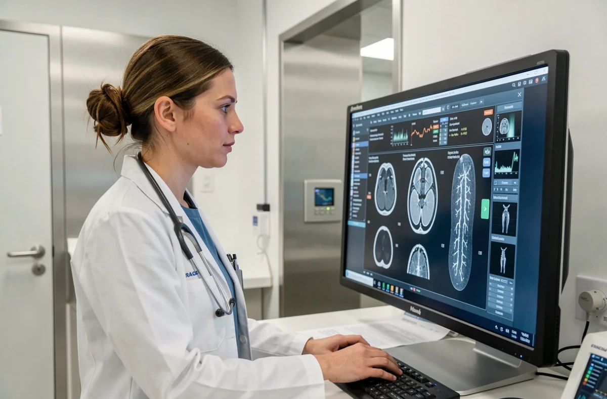 Radiologue féminine examinant des images médicales sur écran haute résolution dans un centre d'imagerie moderne