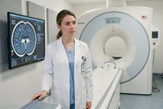 Radiologue féminine examinant des images de scanner cérébral sur un écran dans une salle d'imagerie médicale moderne