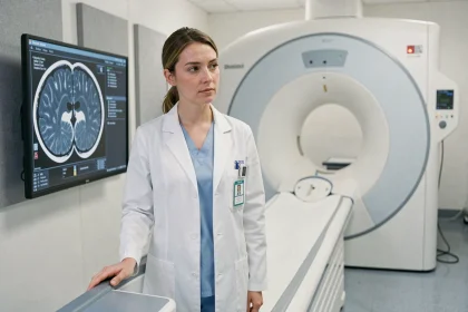Radiologue féminine examinant des images de scanner cérébral sur un écran dans une salle d'imagerie médicale moderne