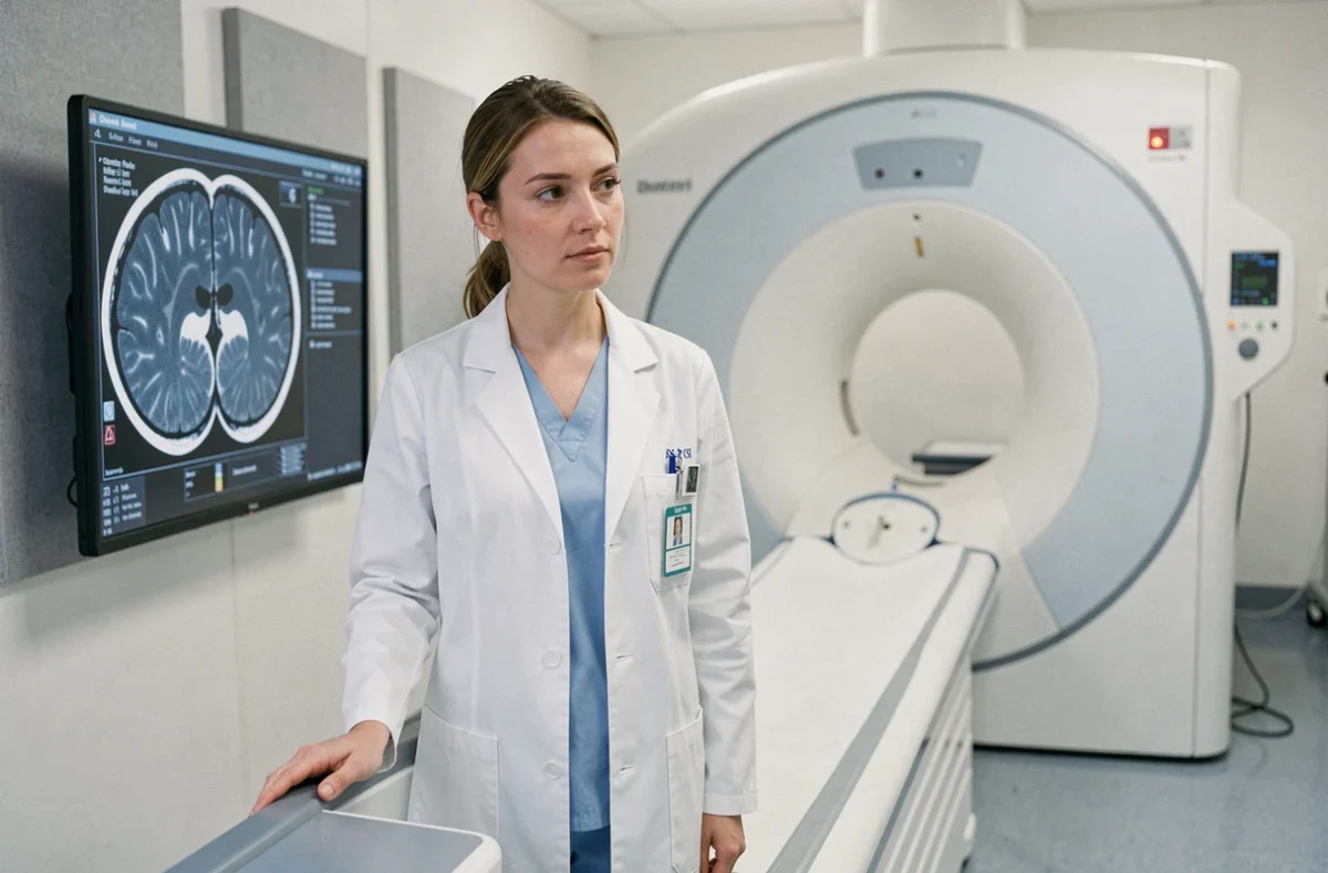 Radiologue féminine examinant des images de scanner cérébral sur un écran dans une salle d'imagerie médicale moderne