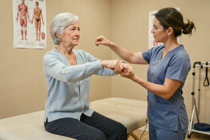 Patiente âgée réalisant des exercices de rééducation neurologique avec une kinésithérapeute pour leucopathie vasculaire