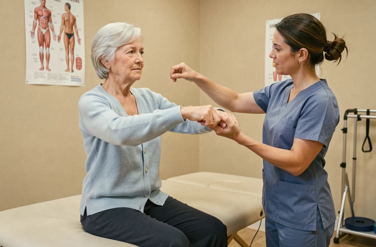 Patiente âgée réalisant des exercices de rééducation neurologique avec une kinésithérapeute pour leucopathie vasculaire