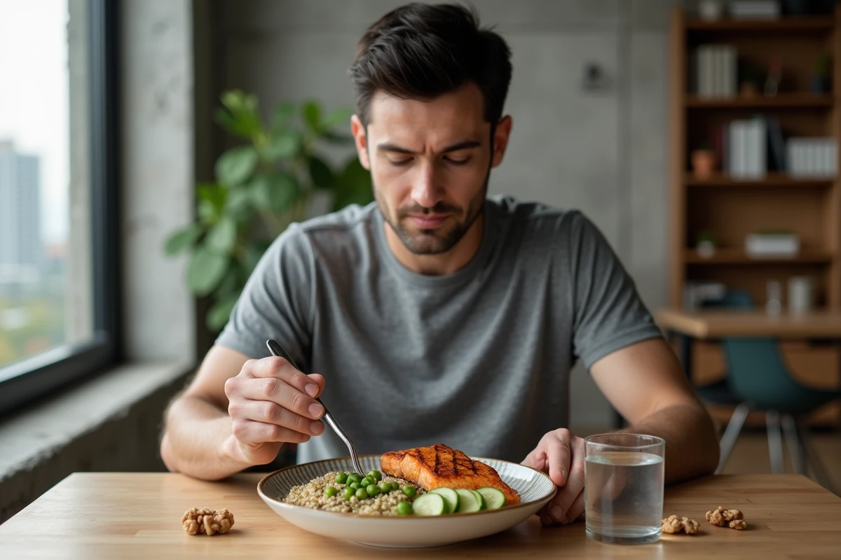 Homme mangeant un repas équilibré riche en oméga 3 avec du saumon grillé et une salade de quinoa dans un appartement moderne