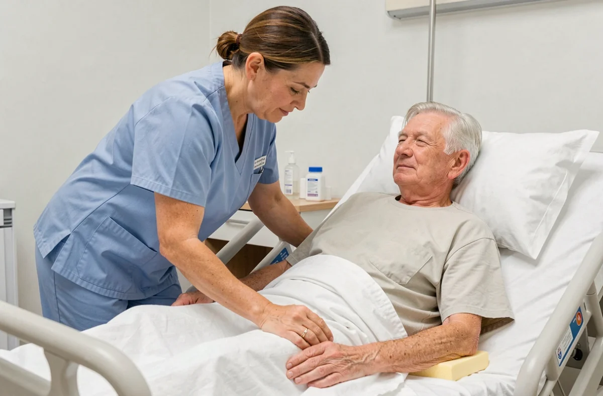 Infirmière repositionnant un patient âgé avec un coussin de décharge pour prévenir les escarres en milieu hospitalier