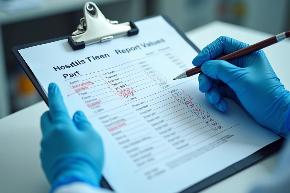 Résultats d'analyse de sang montrant des transaminases élevées sur un document médical tenu par un professionnel de santé