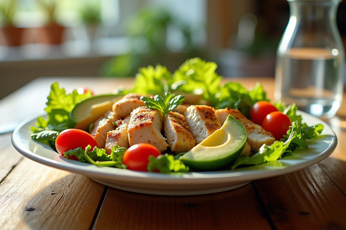 Salade colorée avec poulet et avocat sur une table en cuisine