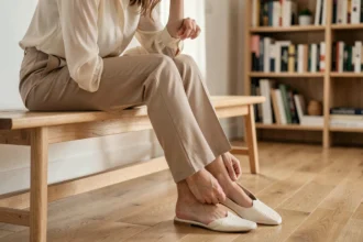 Femme assise retirant sa chaussure pour montrer une semelle orthopédique pour pied plat dans un intérieur scandinave