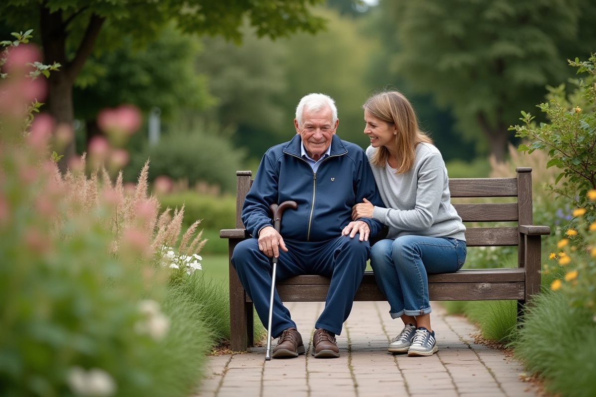 Homme âgé avec canne dans un jardin avec une femme