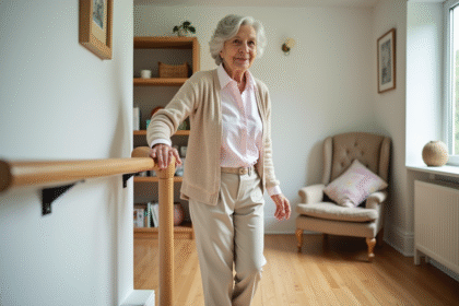 Femme âgée utilisant la rampe dans un salon lumineux