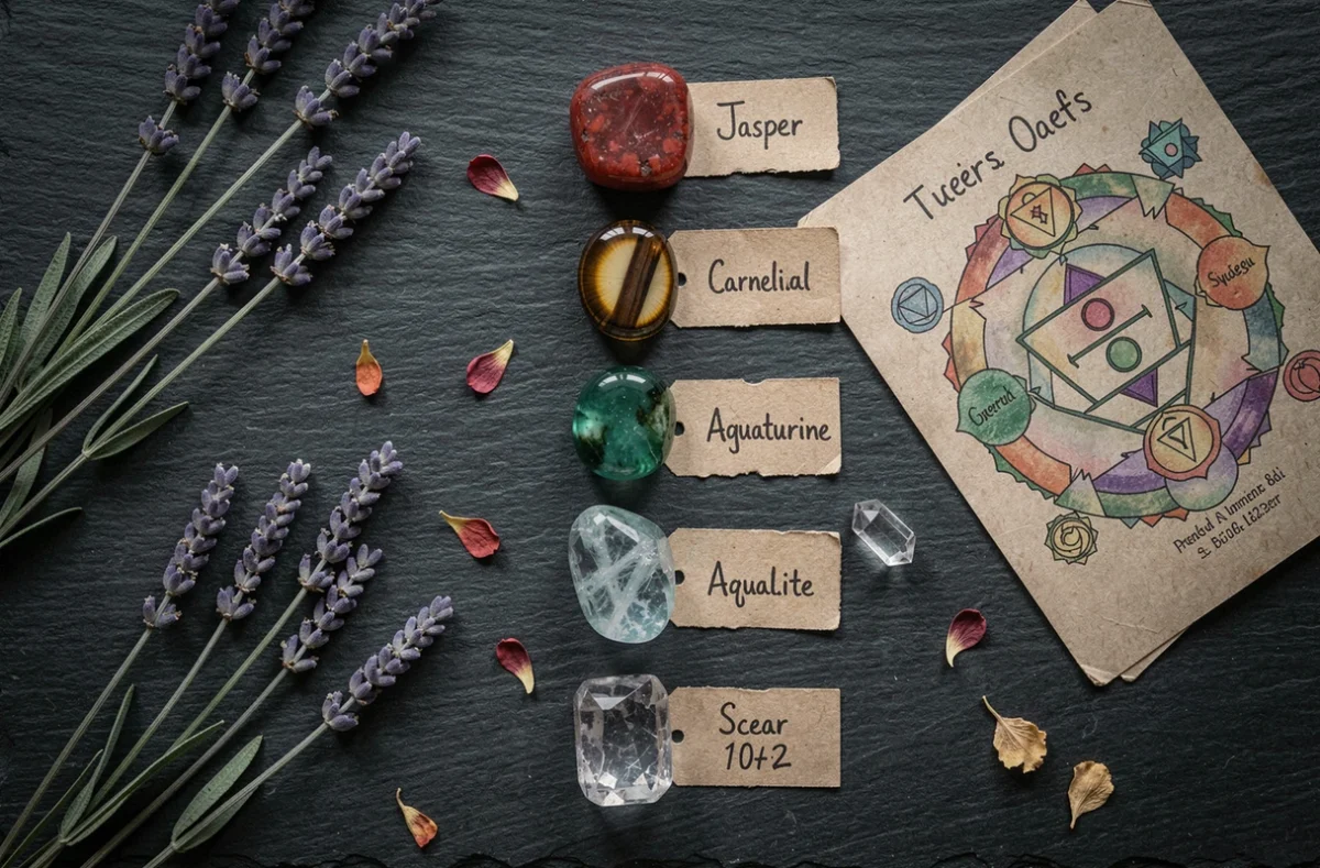 Vue de dessus des sept pierres des chakras alignées sur ardoise avec étiquettes et plantes séchées