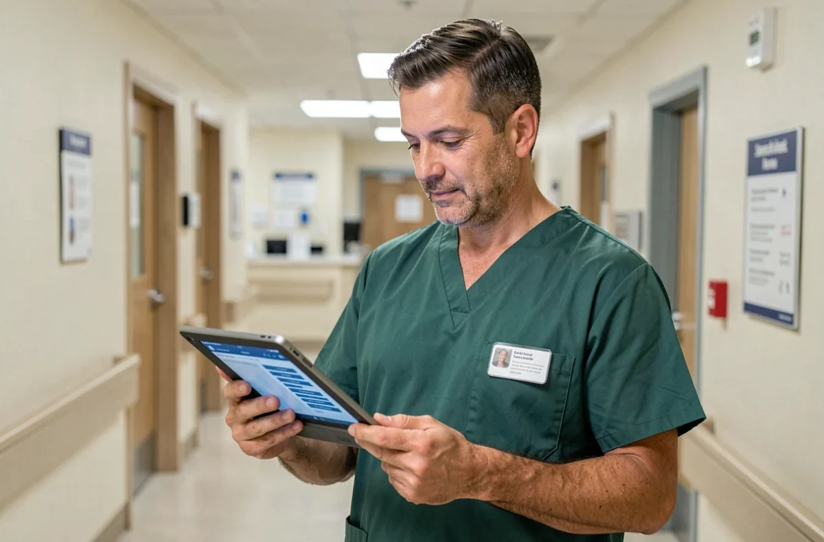 Soignant masculin consultant une application de gestion de soins sur tablette dans un couloir d'hôpital