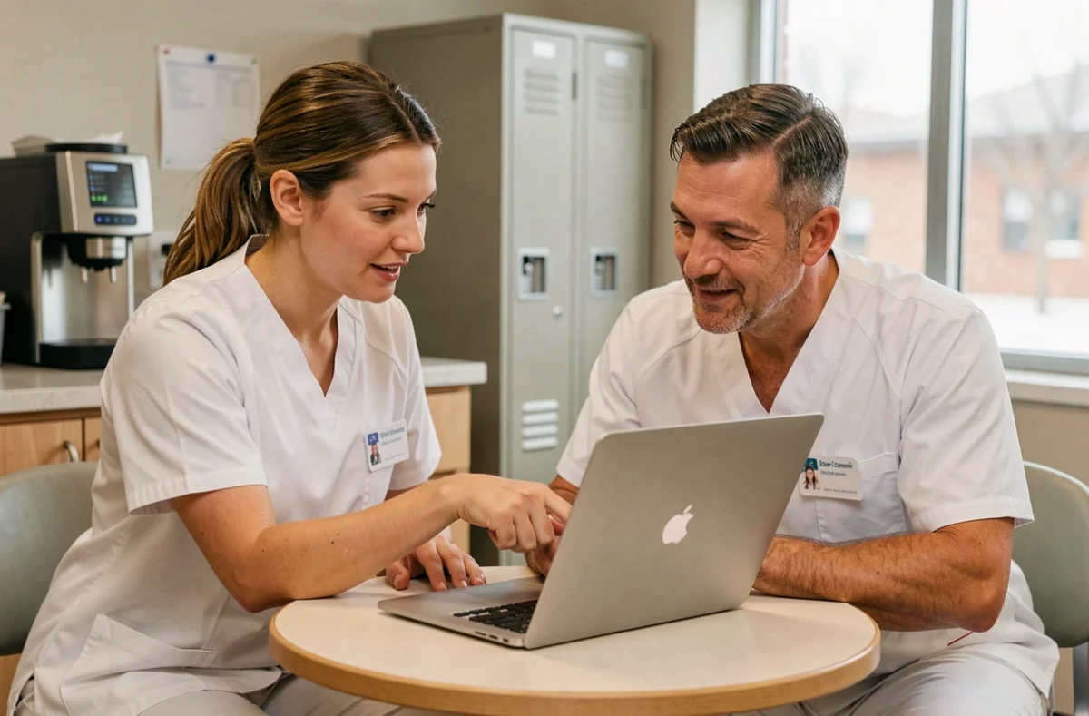 Deux professionnels de santé échangeant autour d'un logiciel de soins sur ordinateur portable dans une salle de pause hospitalière