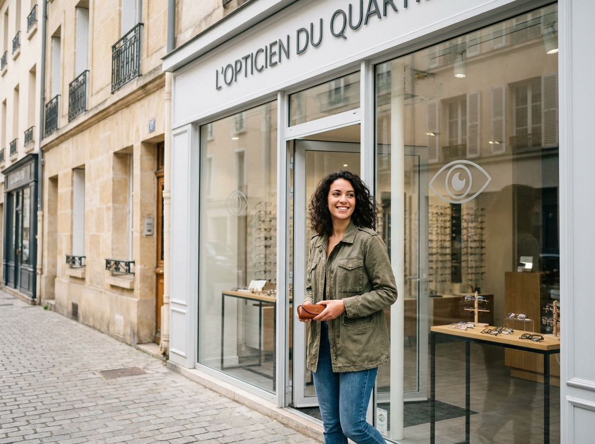 Jeune femme sortant d'un magasin d'optique de proximité dans une rue résidentielle de Saint-Priest-en-Jarez après un contrôle de vue