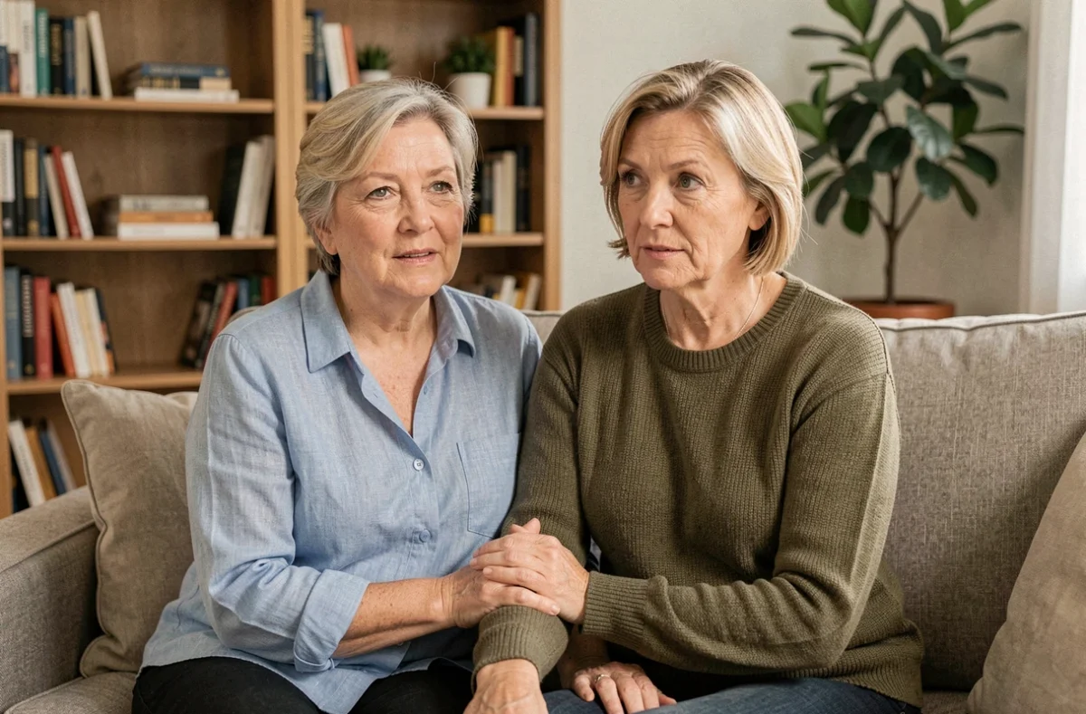 Deux femmes assises côte à côte dans un salon, l'une réconfortant l'autre, évoquant le soutien émotionnel face à la crainte de la récidive du cancer