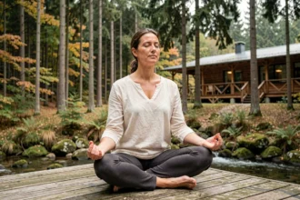 Femme en méditation assise en tailleur sur une terrasse en bois face à une forêt alsacienne lors d'un stage de méditation dans le Grand Est