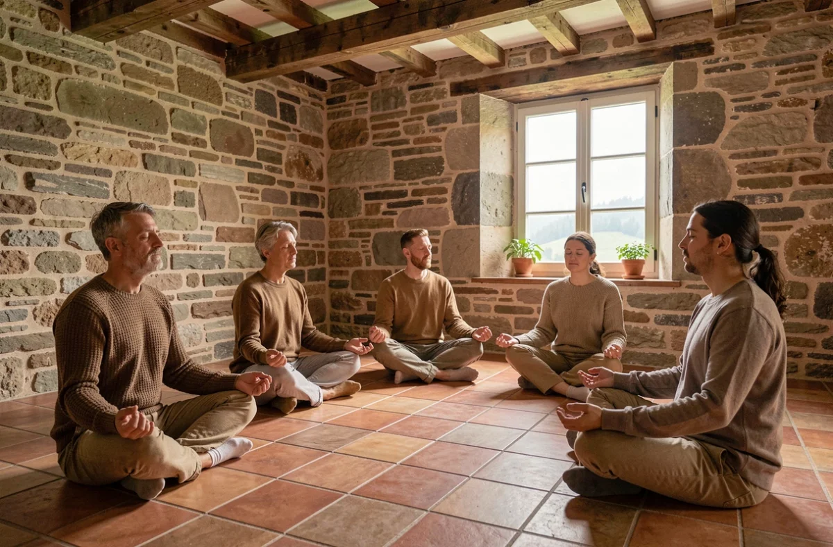 Groupe d'adultes en séance de méditation collective dans une ferme rénovée des Vosges lors d'un stage de méditation dans le Grand Est en 2026