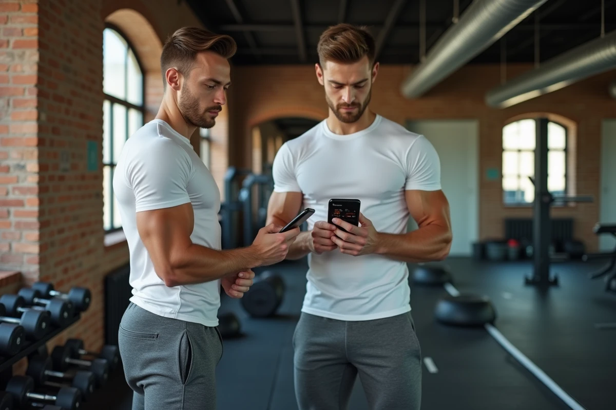 Sportif consultant son application de suivi nutritionnel et musculaire dans une salle de sport à domicile