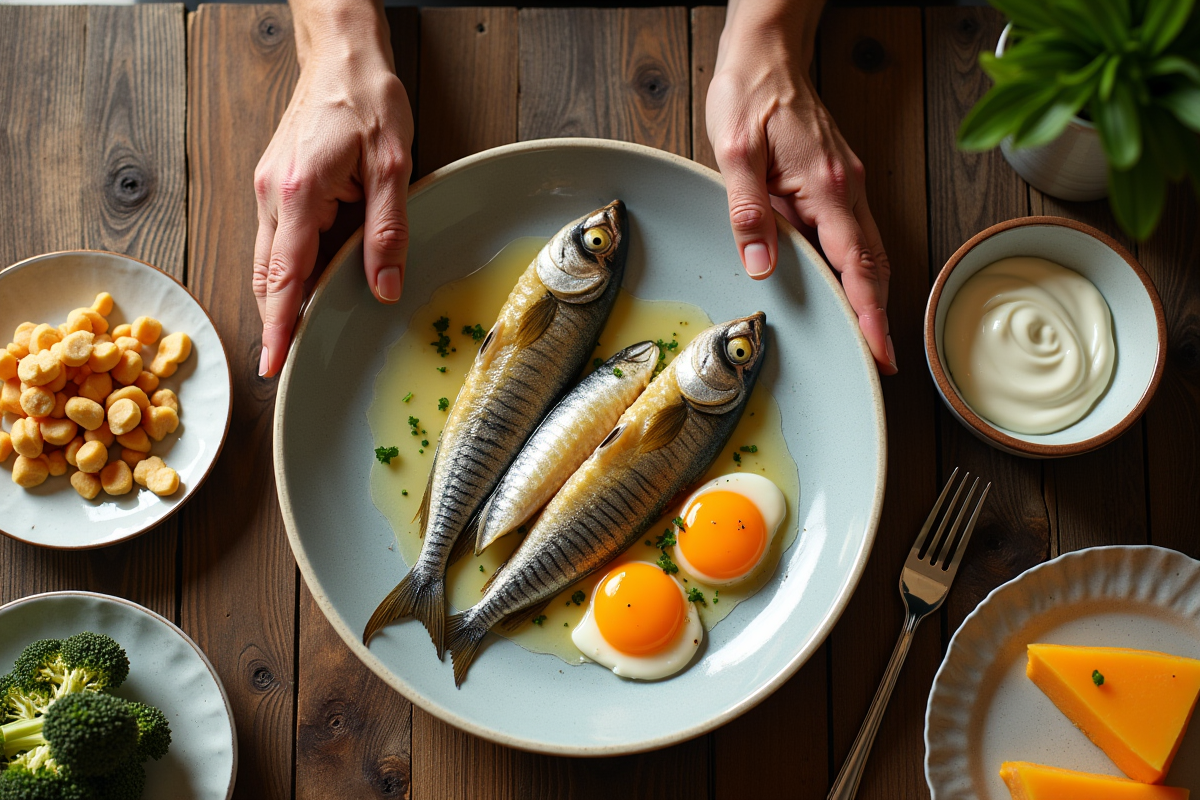 Vue de dessus d une table avec poissons œufs et fromage riches en vitamine D