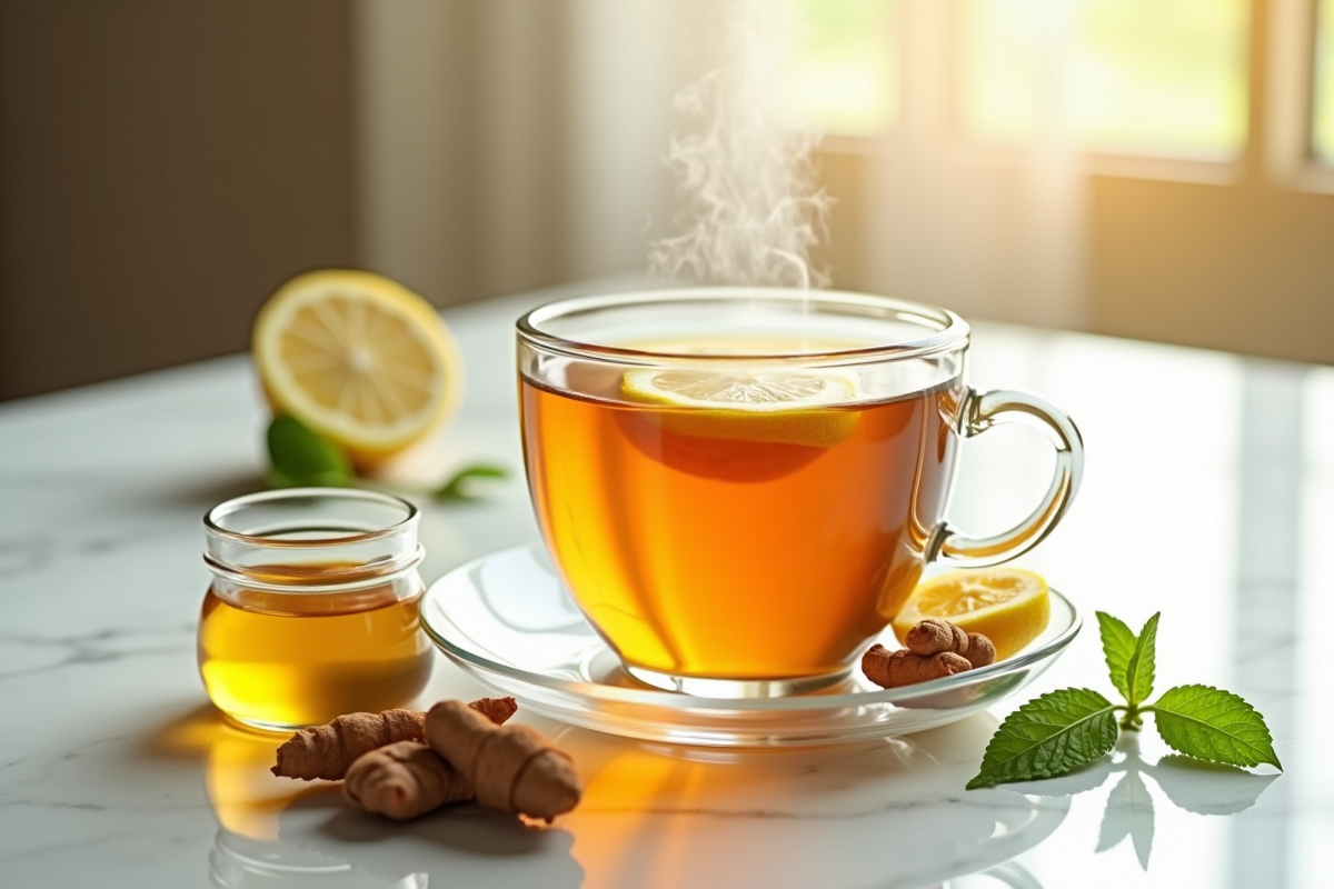 Tasse élégante de tisane au curcuma et citron avec menthe