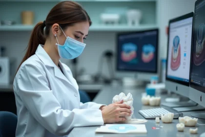 Technicienne dentaire préparant un modèle 3D dans un laboratoire moderne