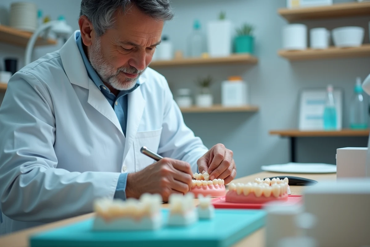 Technicien dentaire préparant des facettes en résine dans un laboratoire
