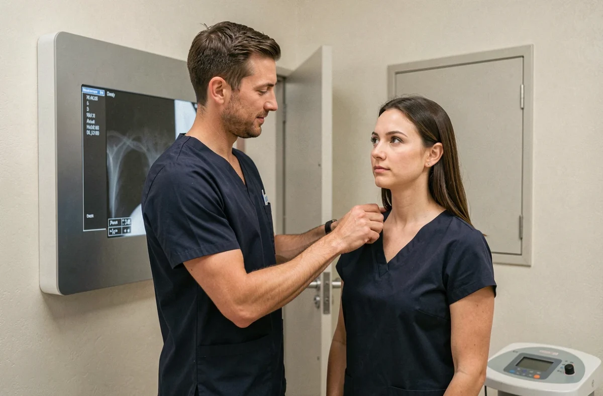 Technicien en radiologie positionnant une patiente devant un panneau de radiographie numérique dans un service d'imagerie