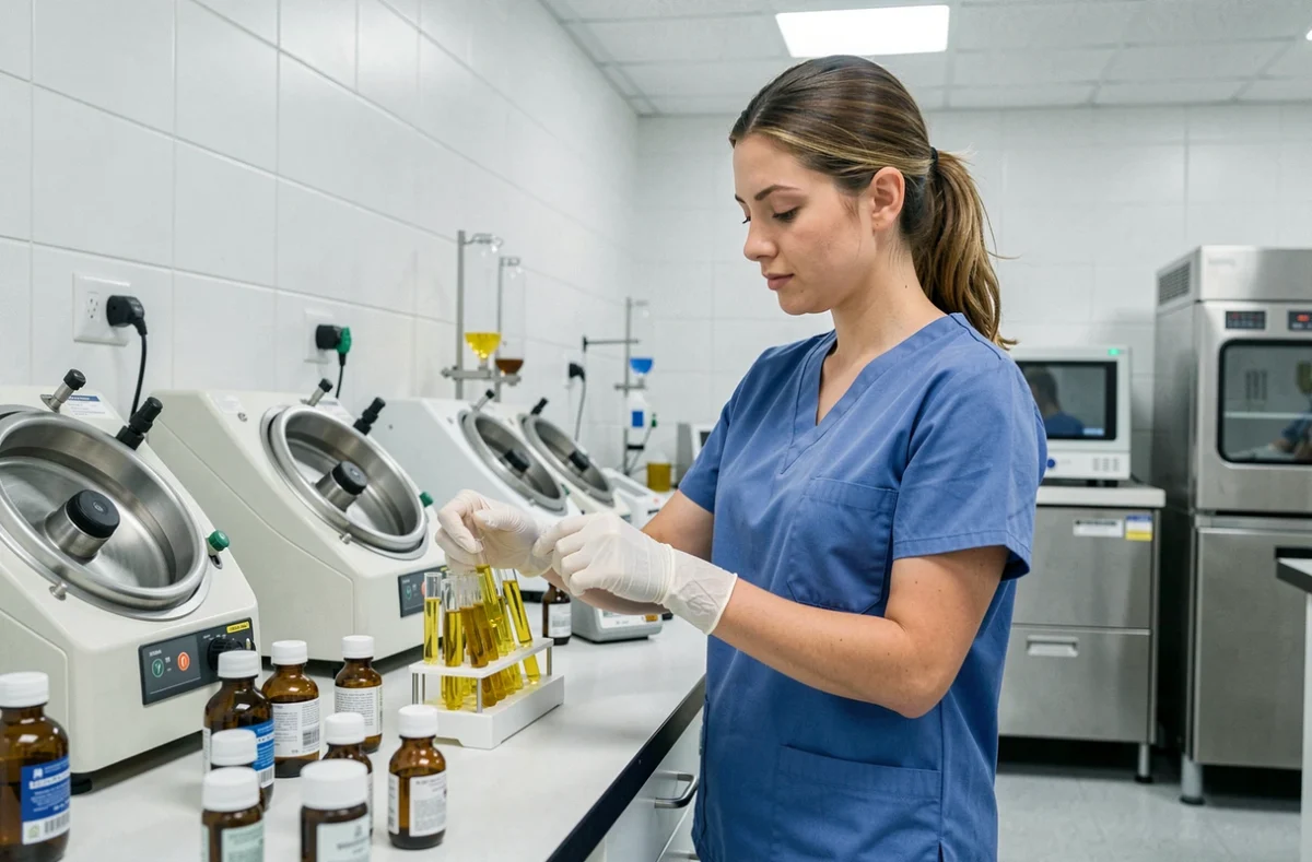 Technicienne de laboratoire manipulant des tubes d'échantillons sériques pour l'analyse des enzymes hépatiques gamma-GT ASAT et ALAT