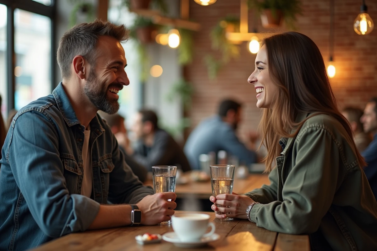 Témoignage de deux personnes partageant leur expérience avec Floravia Nutrisolution autour d'une table dans un café chaleureux