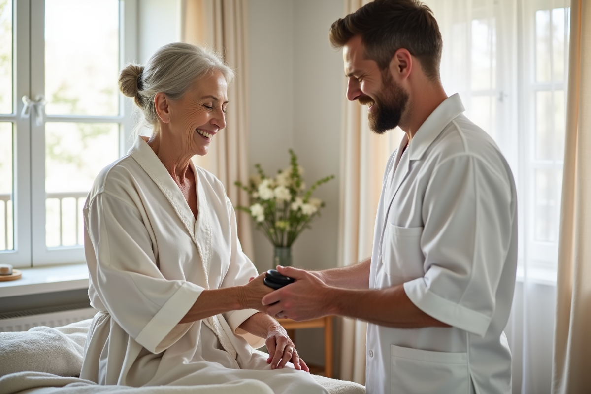 Therapeute massant doucement une femme agee avec des pierres