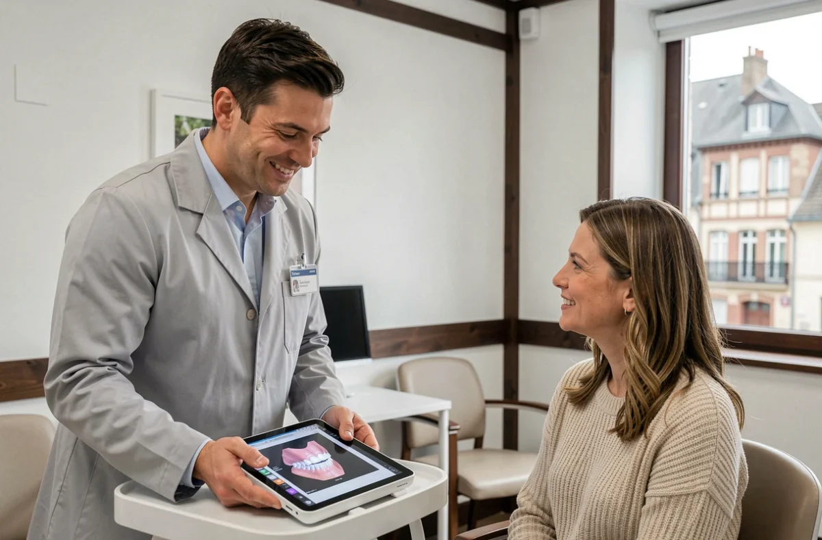 Thomas Hervet, orthodontiste, analyse un scanner 3D dentaire avec une patiente adulte dans son cabinet