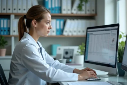 Vétérinaire femme en blanc examine des dossiers sur deux écrans