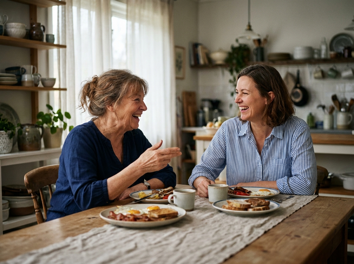 Femme âgée portant un appareil auditif partageant un repas animé avec sa fille dans une cuisine familiale